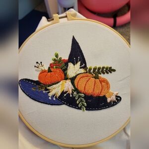 Embroidered Witch Hat with Pumpkins Decor